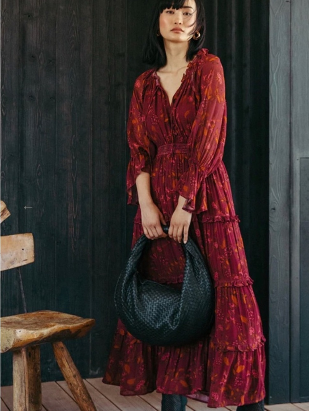 Cleobella Burgundy Floral Tiered Maxi Dress
